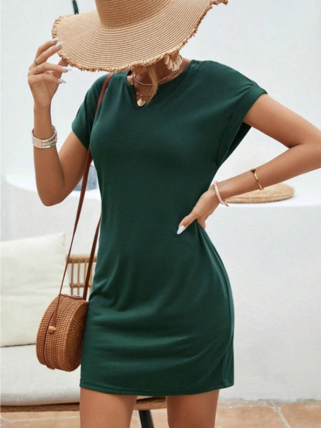 Notched Short Sleeve Mini Tee Dress - Boutique Clothing