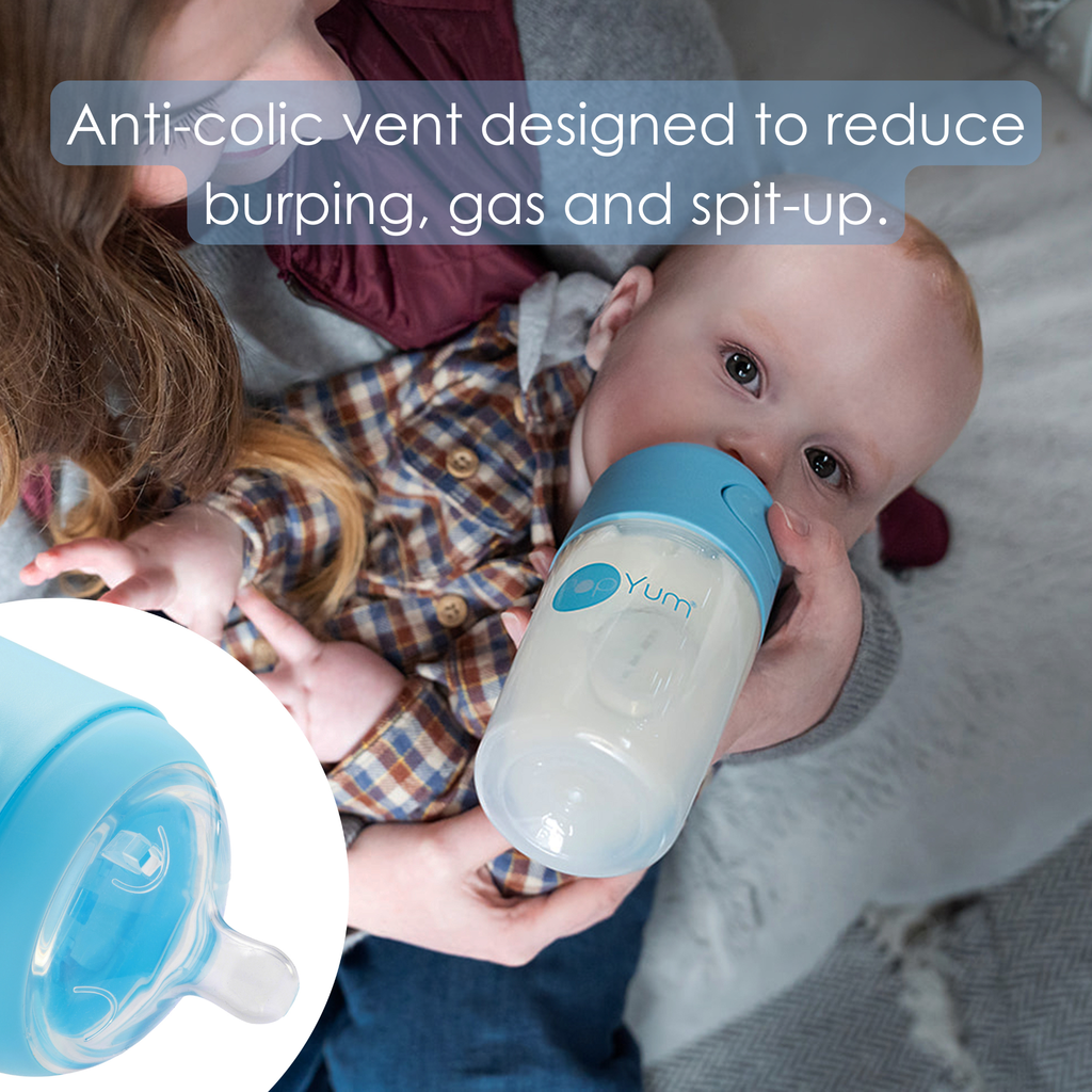 PopYum 9oz Anti-Colic Baby Bottle for Breast and Formula Feeding, 2-Pack, Blue, #2 Medium Flow Nipples
