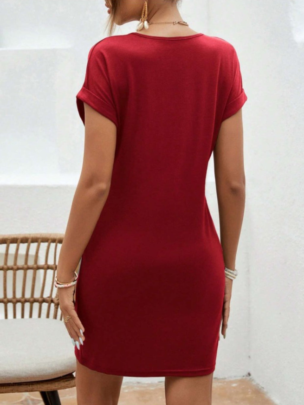 Notched Short Sleeve Mini Tee Dress - Boutique Clothing
