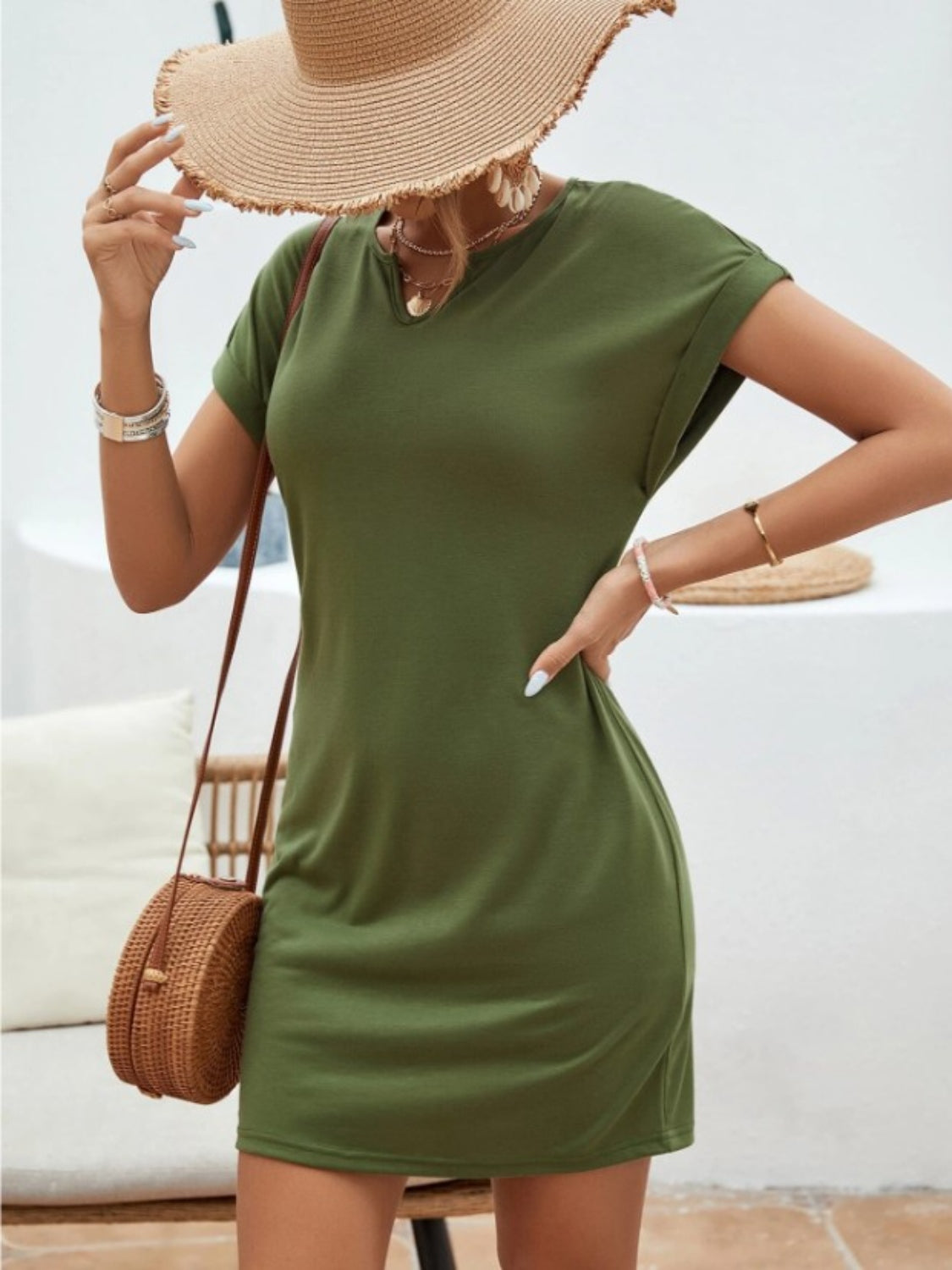 Notched Short Sleeve Mini Tee Dress - Boutique Clothing