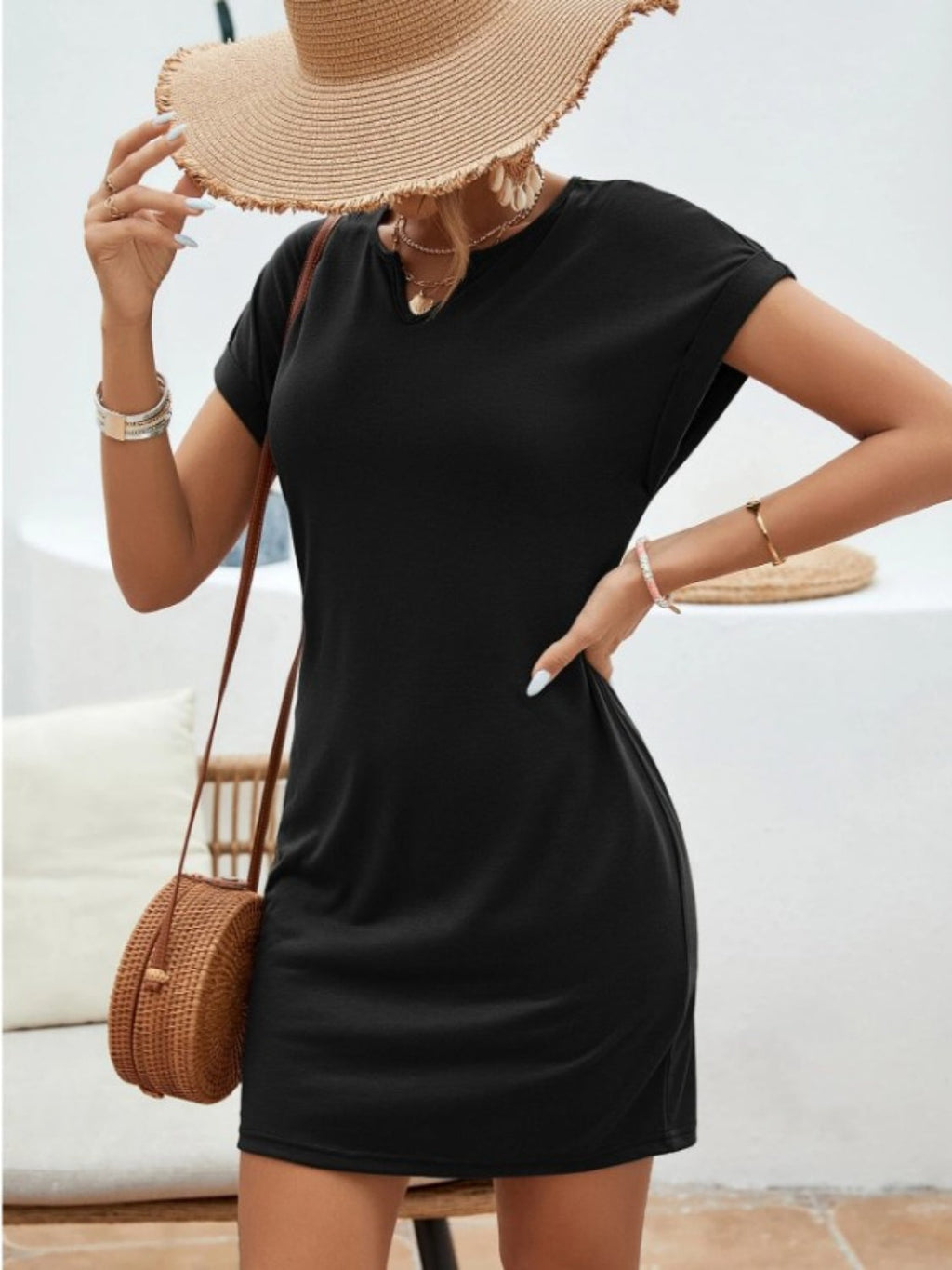 Notched Short Sleeve Mini Tee Dress - Boutique Clothing